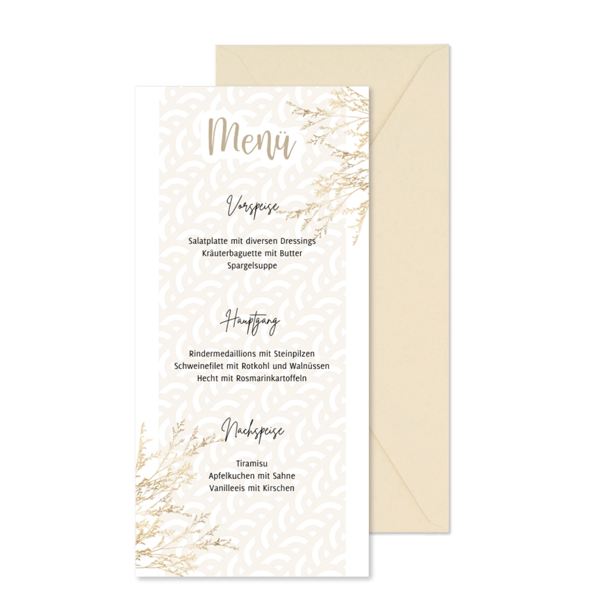 Menükarte zur Jugendweihe mit Gräsern und Muster - Karteneindruck
