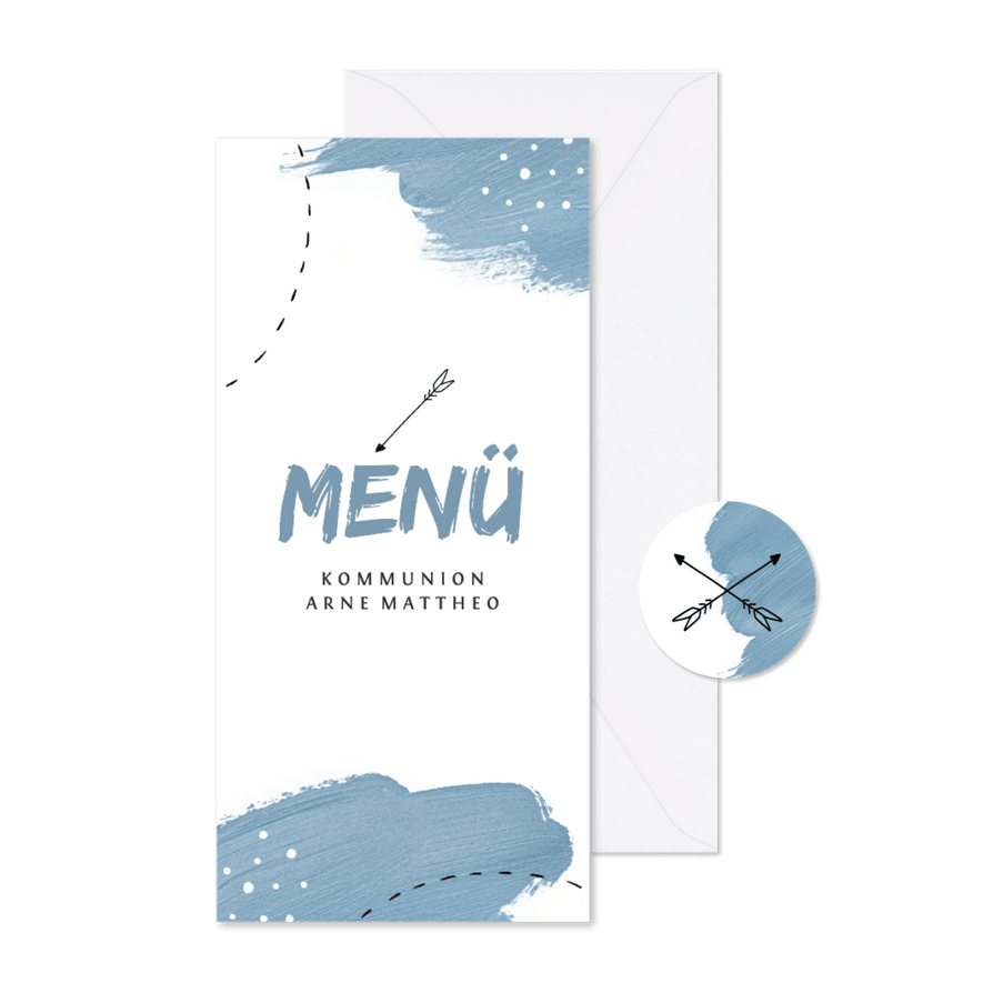 Menükarte zur Kommunion blaue Farbkleckse - Karteneindruck