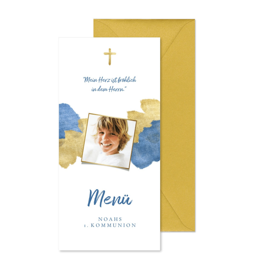 Menükarte zur Kommunion blaue Metallic-Akzente und Foto - Karteneindruck