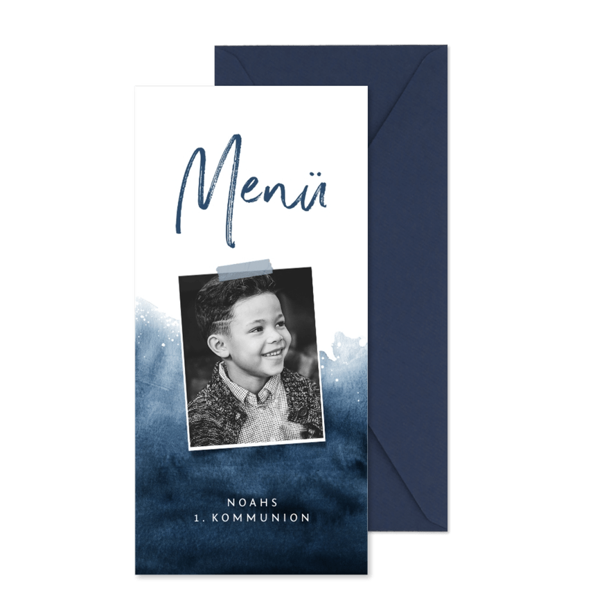 Menükarte zur Kommunion Foto & Wasserfarbe dunkelblau - Karteneindruck