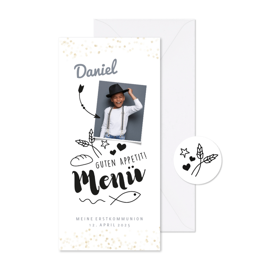 Menükarte zur Kommunion Foto und Doodles - Karteneindruck