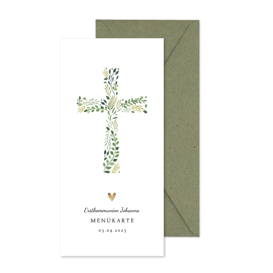 Menükarte zur Kommunion Kreuz botanisch - Karteneindruck