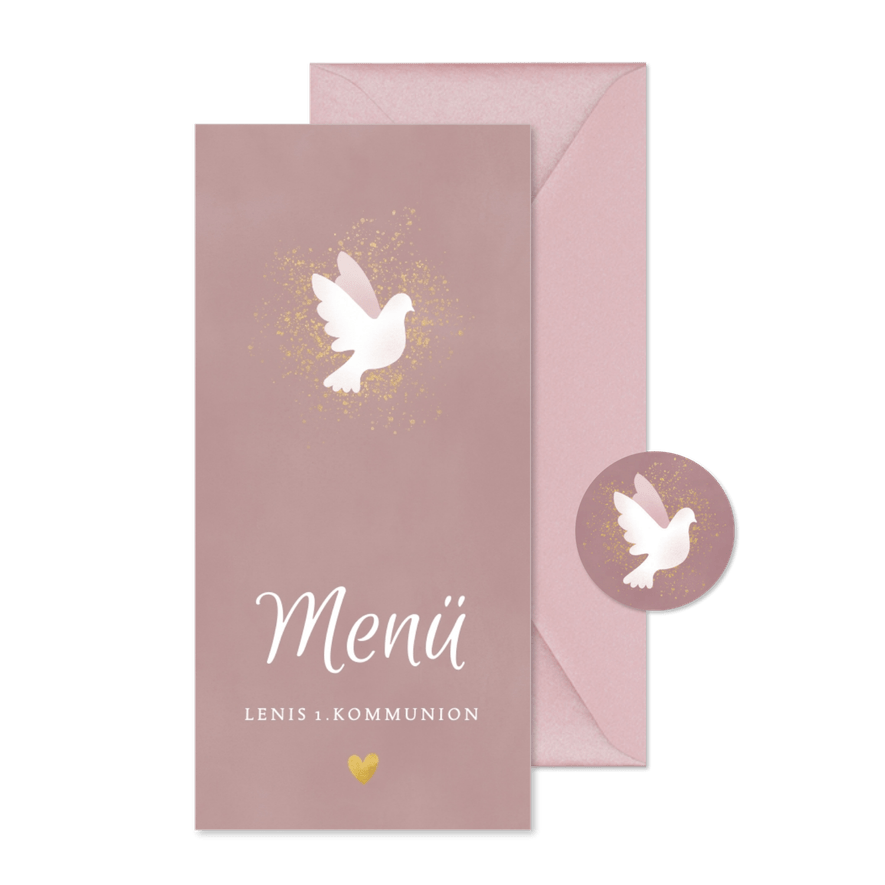 Menükarte zur Kommunion Foto & weiße Tauben - Karteneindruck
