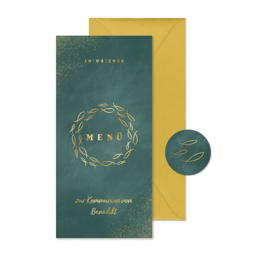 Menükarte zur Kommunion Goldfische auf Kreidetafel - Karteneindruck
