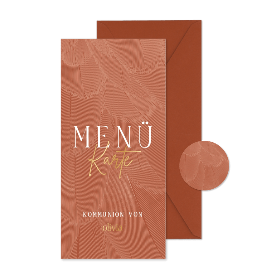 Menükarte zur Kommunion Goldschrift auf Federn - Karteneindruck
