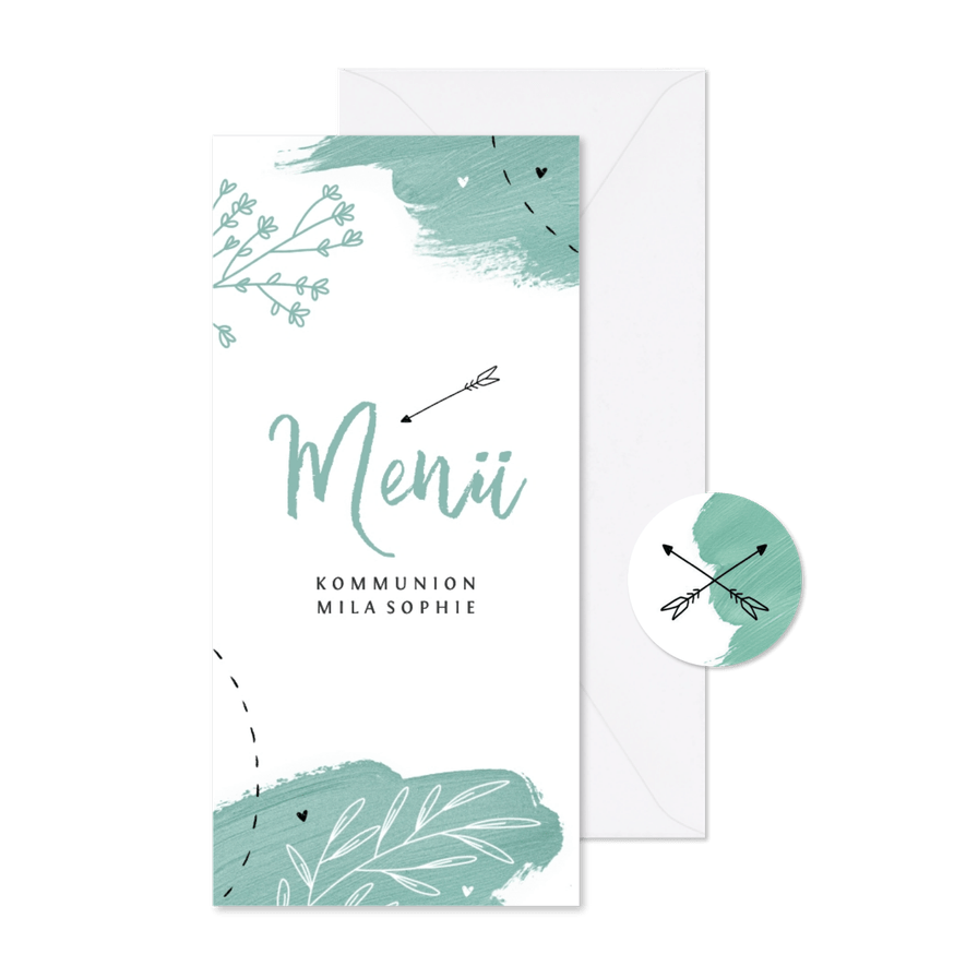 Menükarte zur Kommunion grüne Farbkleckse - Karteneindruck
