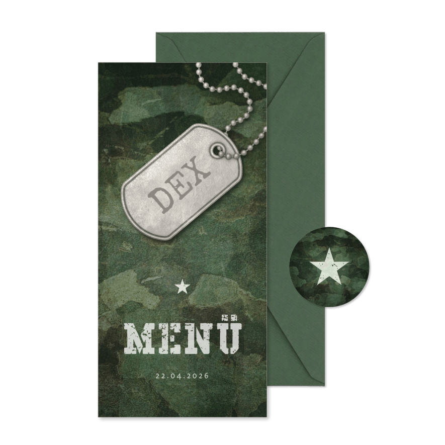 Menükarte zur Kommunion Militarylook grün - Karteneindruck

