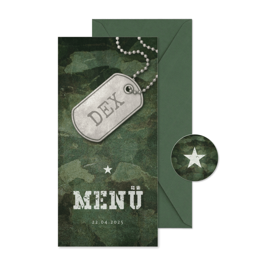 Menükarte zur Kommunion Militarylook grün - Karteneindruck