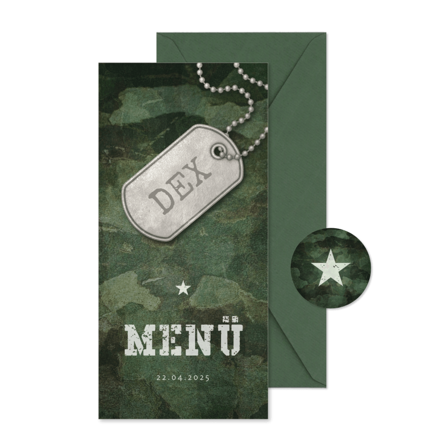 Menükarte zur Kommunion Militarylook grün - Karteneindruck
