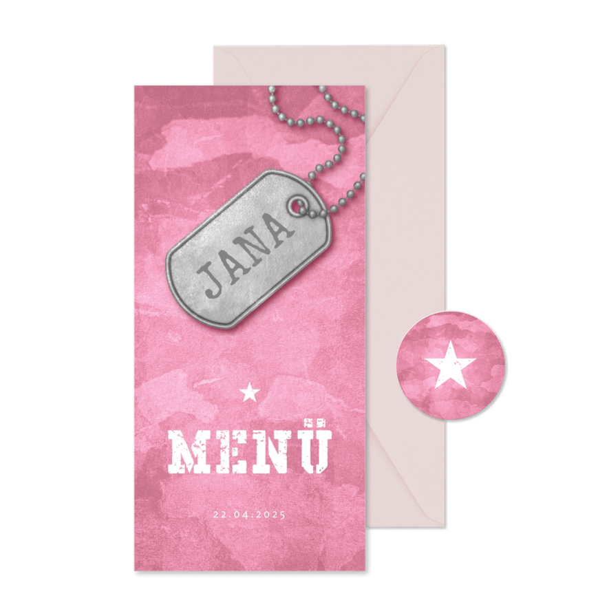 Menükarte zur Kommunion Militarylook rosa - Karteneindruck