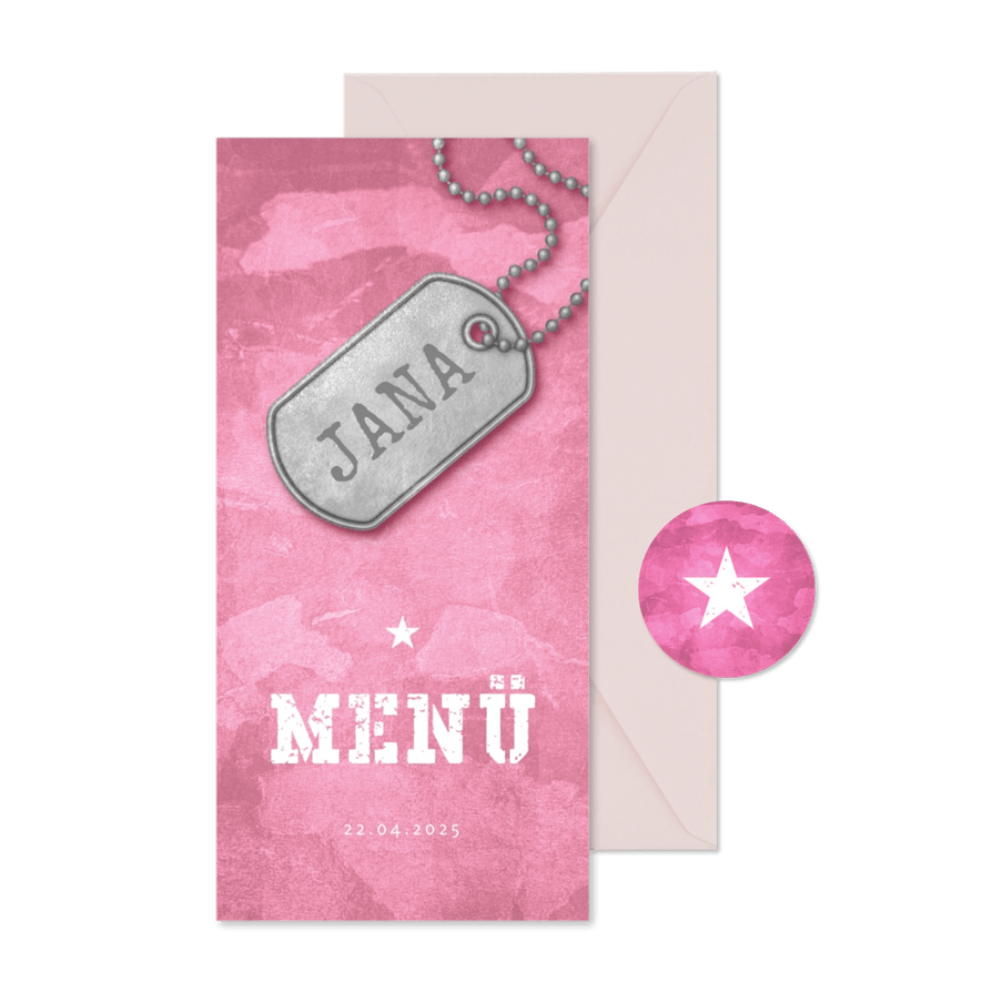 Menükarte zur Kommunion Militarylook rosa - Karteneindruck