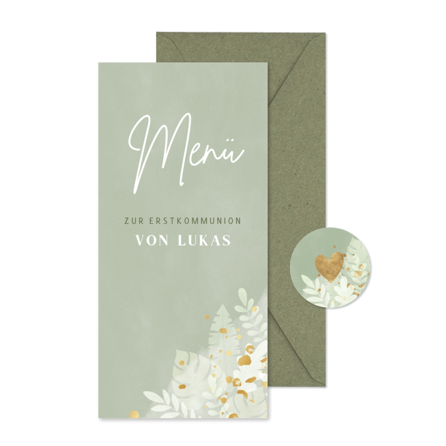 Menükarte zur Kommunion mit Blättern & Gold - Karteneindruck
