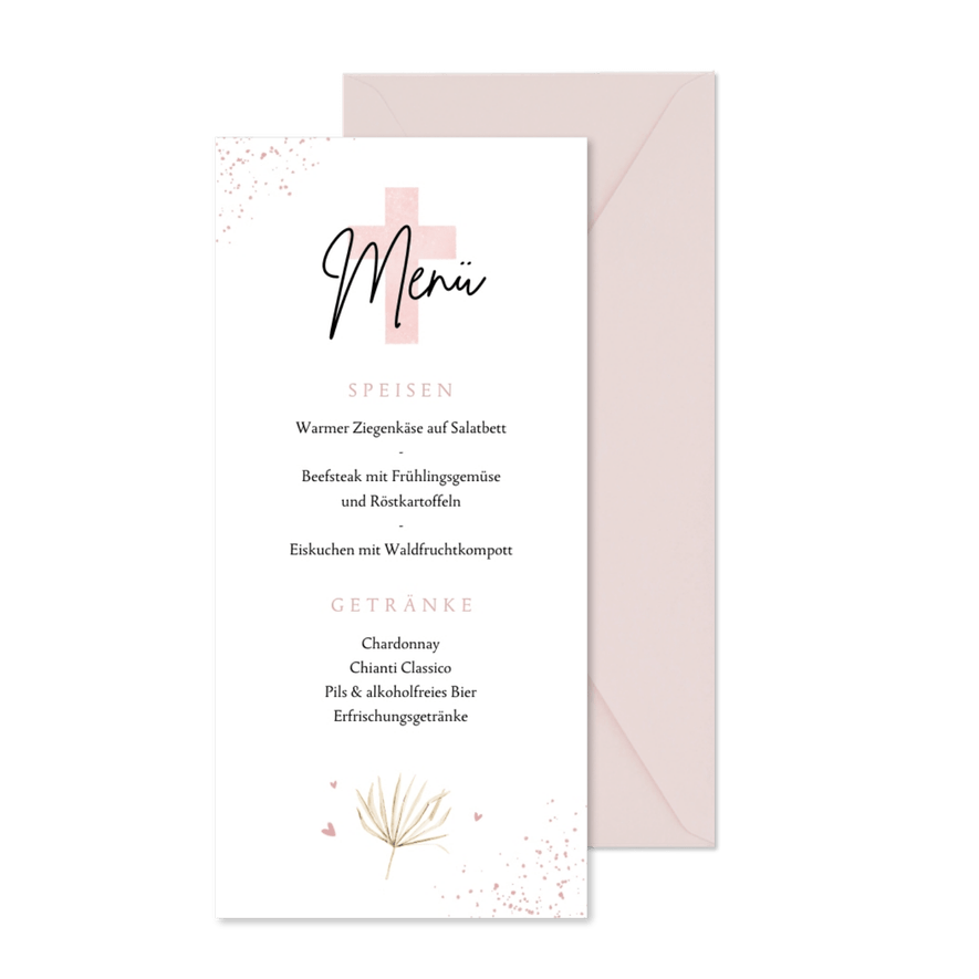 Menükarte zur Kommunion rosa Kreuz - Karteneindruck
