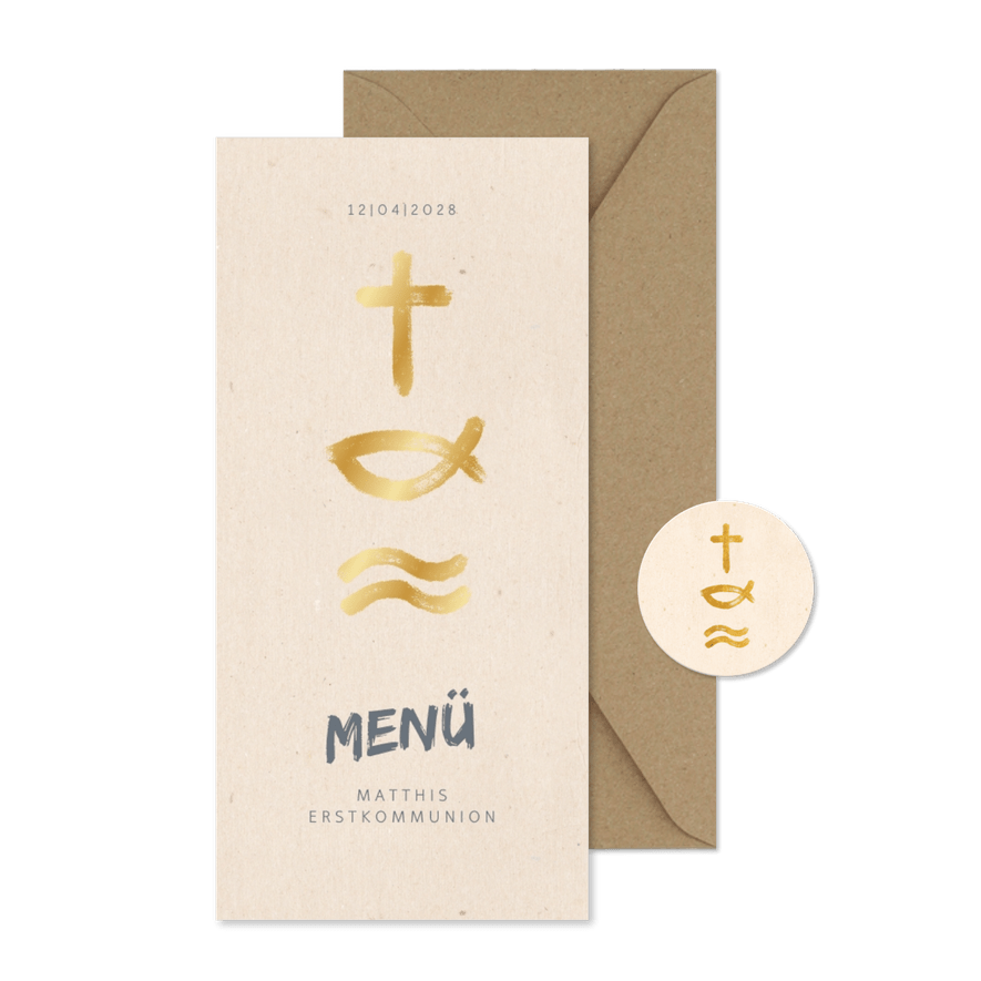 Menükarte zur Kommunion Symbole in Gold - Karteneindruck