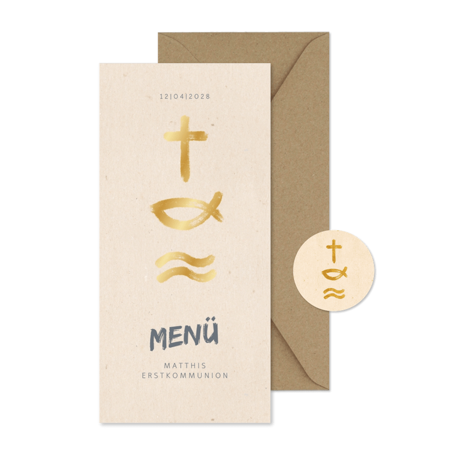 Menükarte zur Kommunion Symbole in Gold - Kartenvorschau
