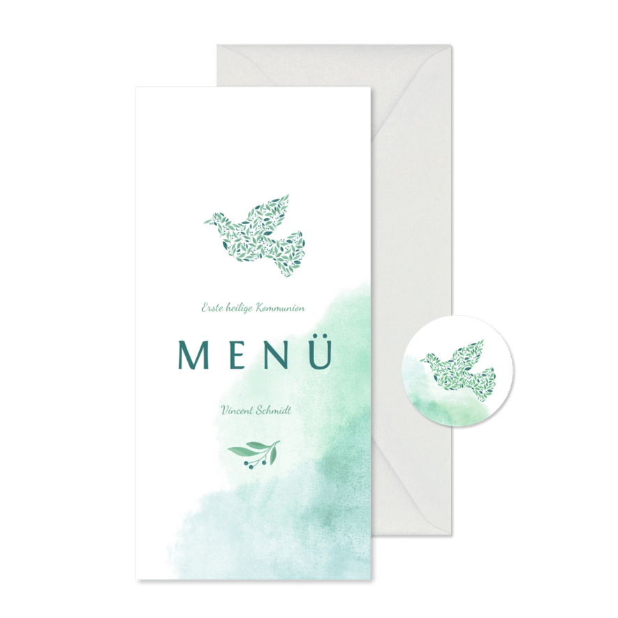 Menükarte zur Kommunion Taube botanisch Wasserfarbe - Karteneindruck
