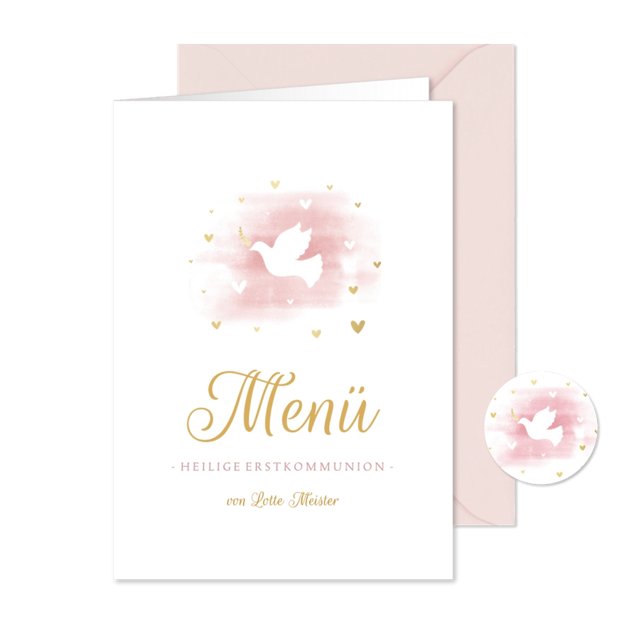 Menükarte zur Kommunion Wasserfarbe rosa Taube - Karteneindruck