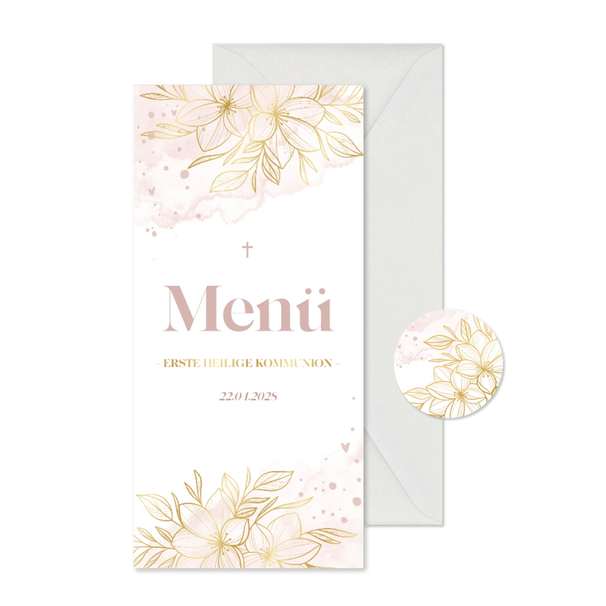 Menükarte zur Kommunion Wasserfarben Blumen & Goldlook - Kartenvorschau