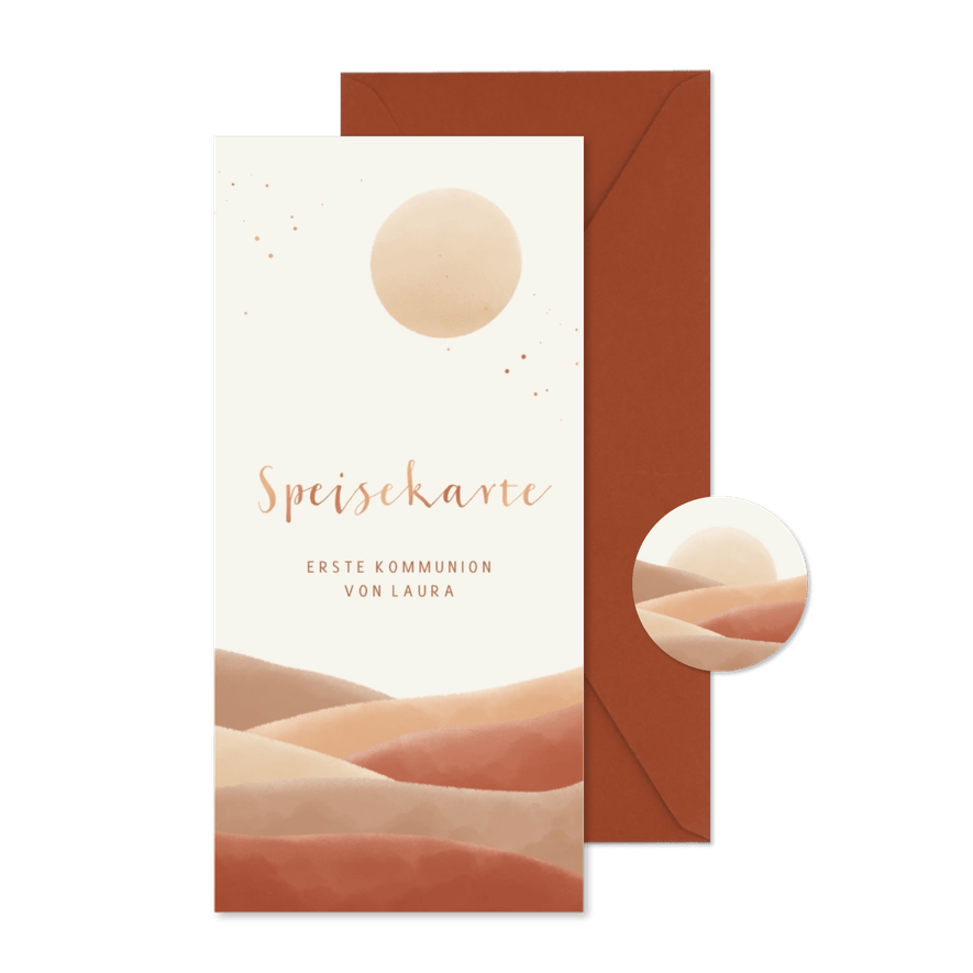 Menükarte zur Kommunion Wellenlandschaft, Sonne & Kupfer - Karteneindruck
