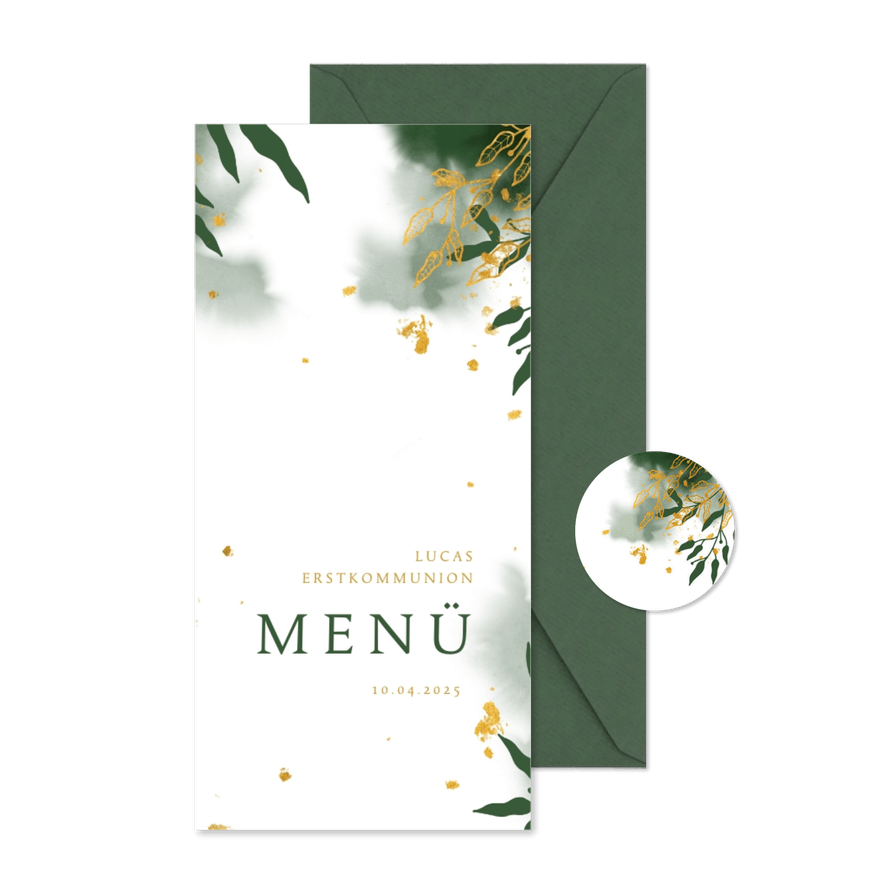 Menükarte zur Kommunionsfeier botanisch & Goldakzente - Karteneindruck
