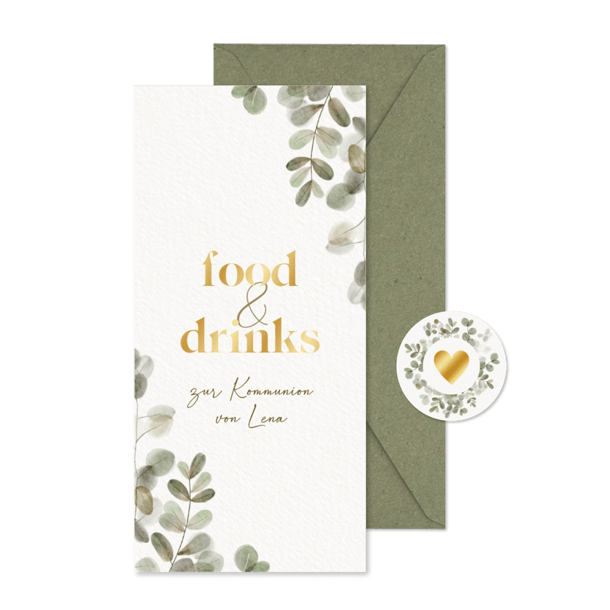 Menükarte zur Kommunionsfeier Eukalyptuskranz & Goldlook - Karteneindruck

