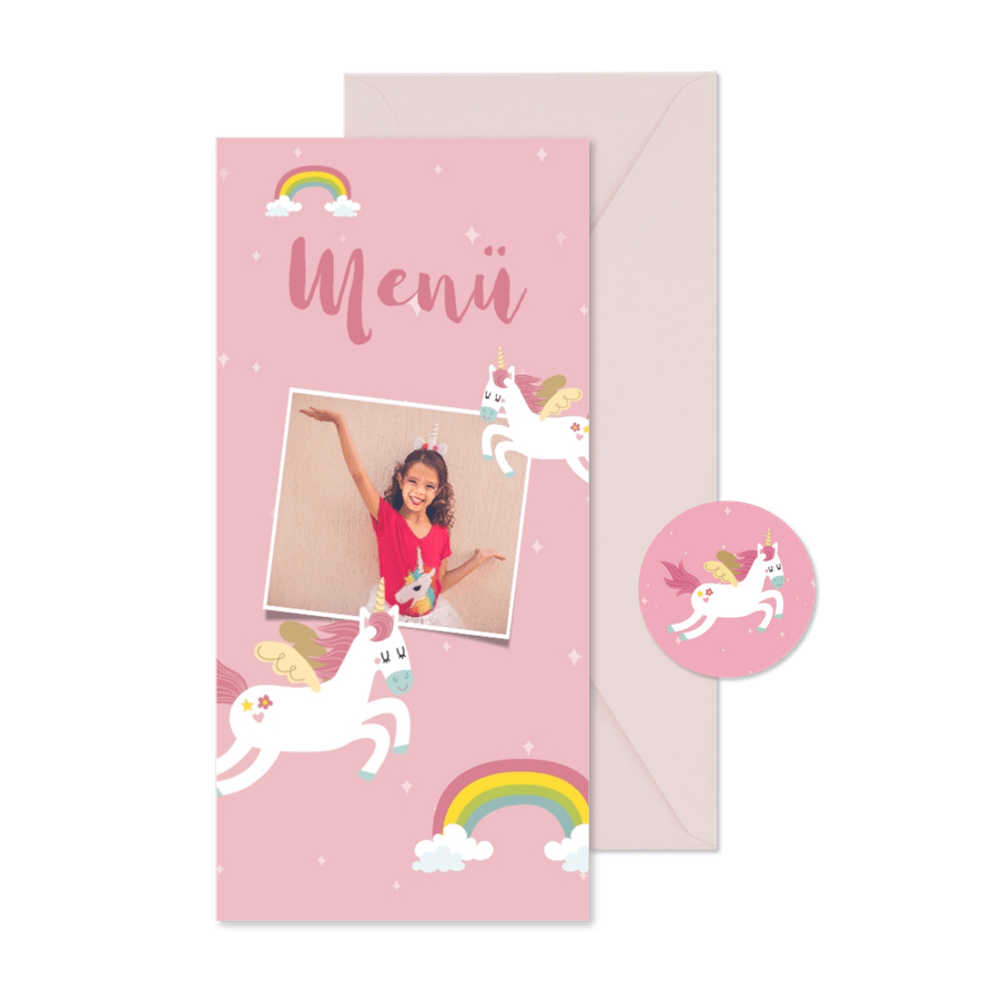 Menükarte zur Kommunionsfeier Foto & Einhorn - Karteneindruck
