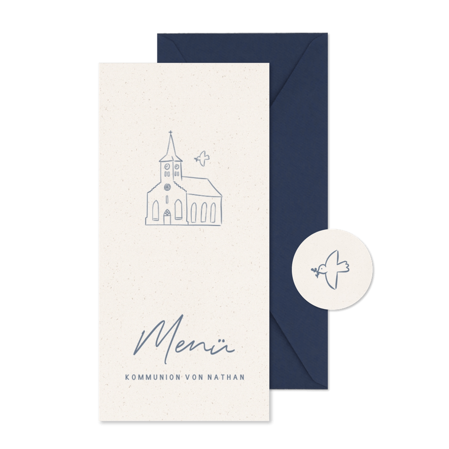 Menükarte zur Kommunionsfeier Kirche & Taube - Karteneindruck
