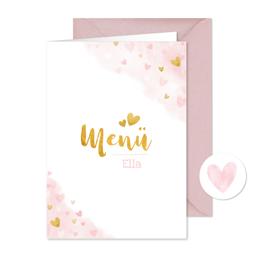 Menükarte zur Konfirmation Aquarell & Herzen Fotos innen - Karteneindruck