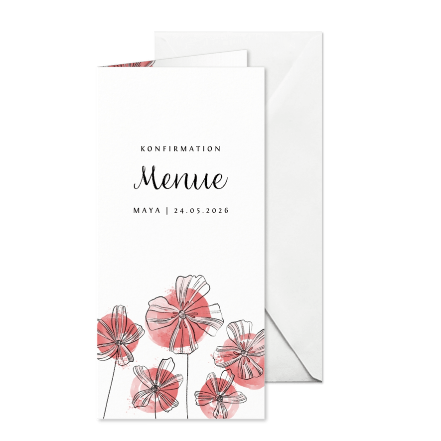 Menuekarte zur Konfirmation Blüten und Aquarell - Karteneindruck
