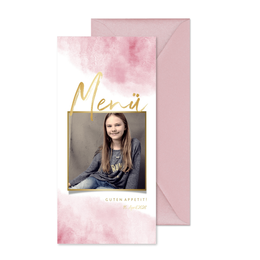 Menükarte zur Konfirmation Foto, Goldlook & Wasserfarbe - Karteneindruck