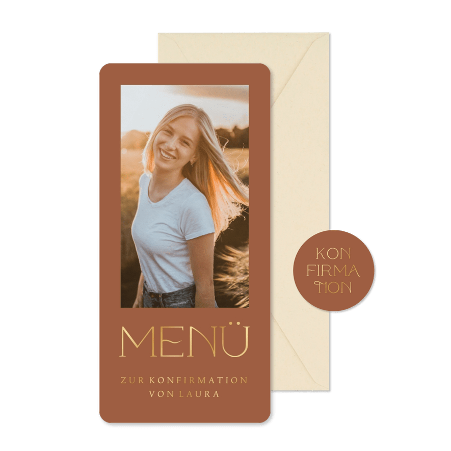 Menükarte zur Konfirmation Foto und goldene Schrift - Karteneindruck
