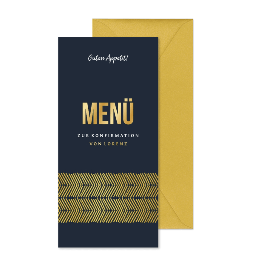 Menükarte zur Konfirmation Goldlook grafisch - Kartenvorschau
