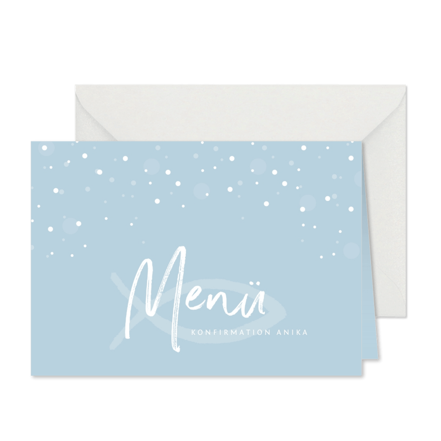 Menükarte zur Konfirmation weiße Konfetti & Fisch - Karteneindruck