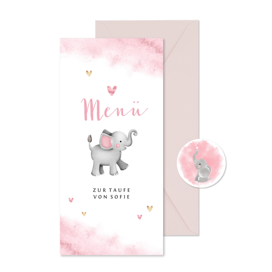 Menükarte zur Taufe Aquarell, Herzen und Elefant - Karteneindruck
