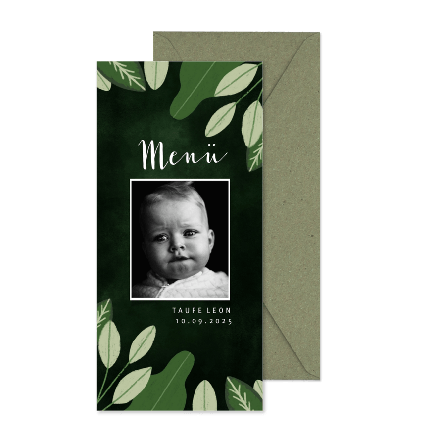 Menükarte zur Taufe Blätter botanisch Foto - Karteneindruck