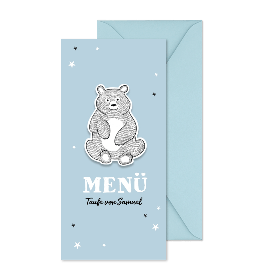 Menükarte zur Taufe blau Bär und Sterne - Karteneindruck
