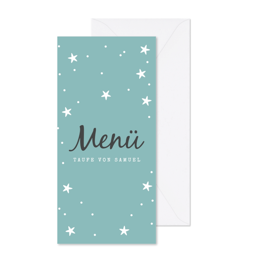 Menükarte zur Taufe blau mit Sternen - Karteneindruck
