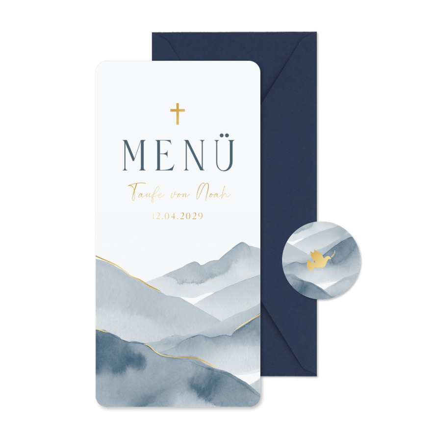 Menükarte zur Taufe blaue Berge Aquarell - Karteneindruck