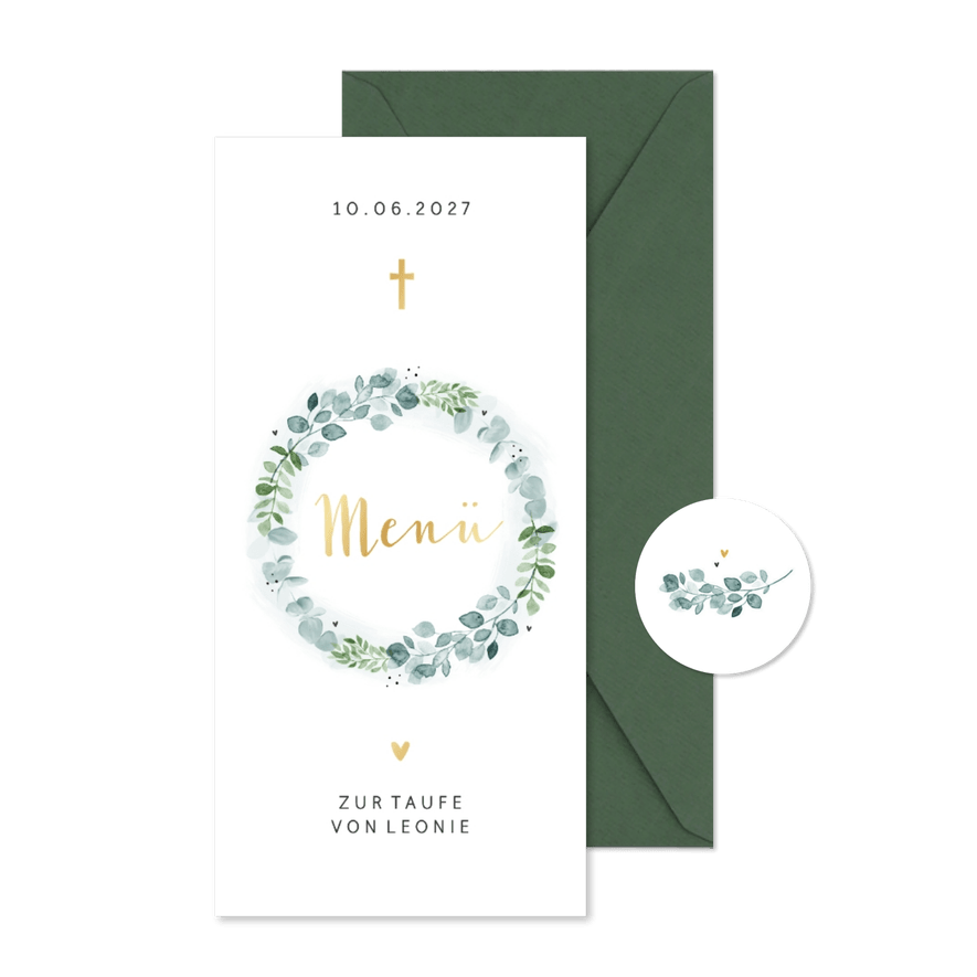 Menükarte zur Taufe botanischer Blumenkranz - Karteneindruck
