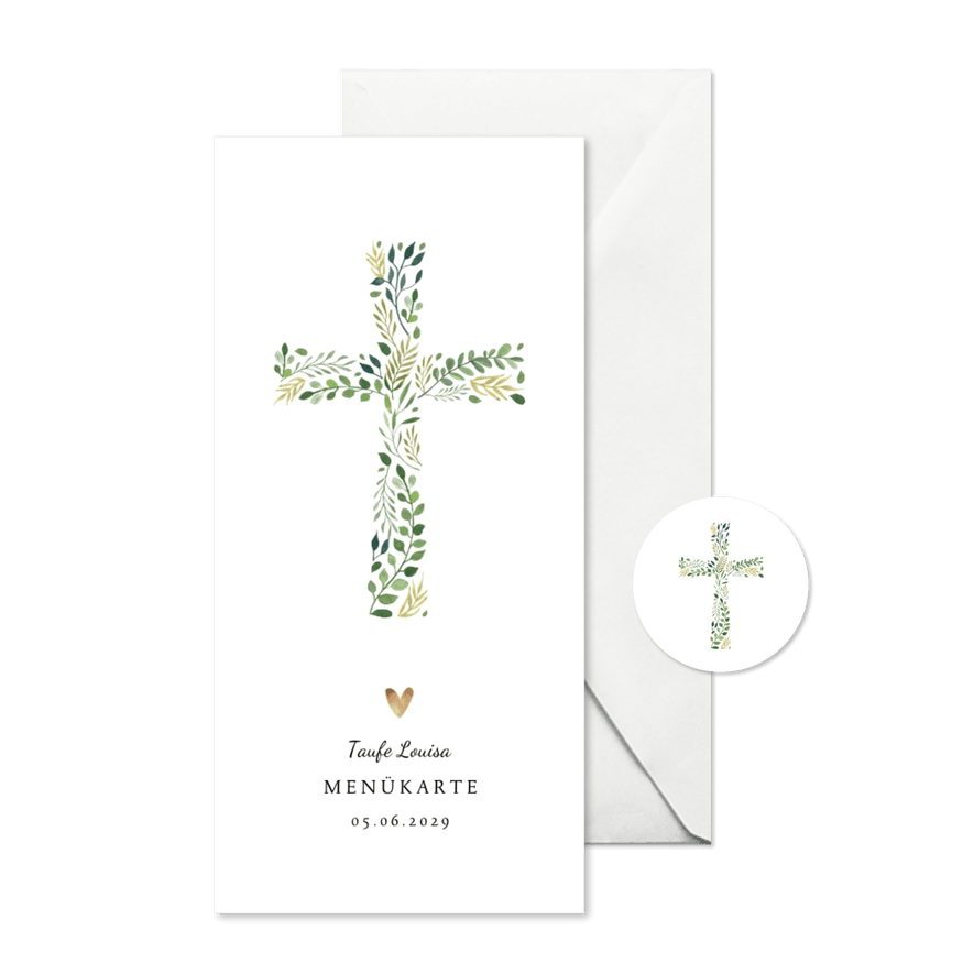 Menükarte zur Taufe botanisches Kreuz - Karteneindruck