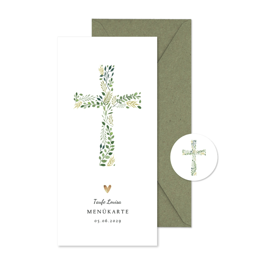 Menükarte zur Taufe botanisches Kreuz - Karteneindruck
