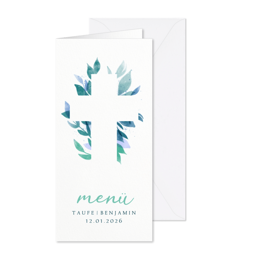 Menükarte zur Taufe florales Kreuz - Karteneindruck
