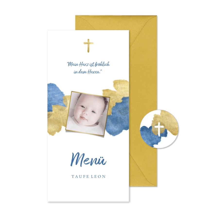 Menükarte zur Taufe Foto metallic blau - Karteneindruck