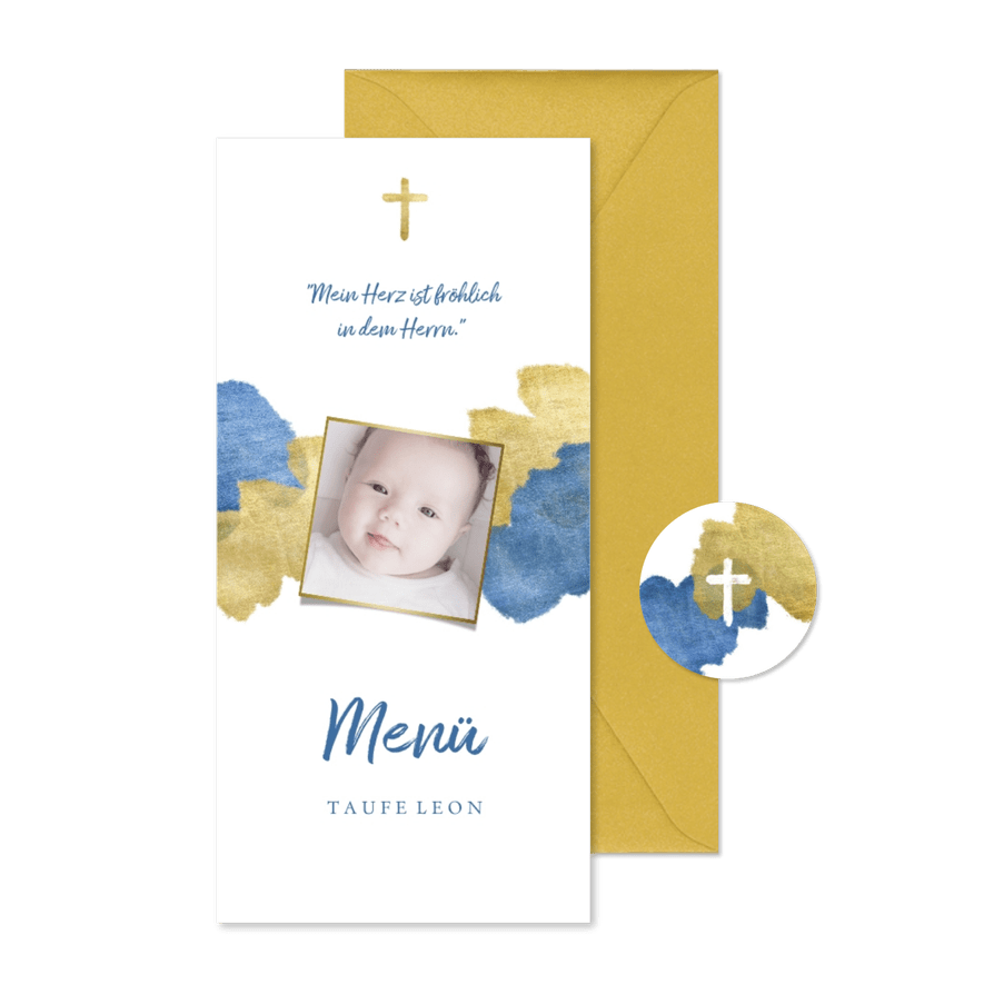 Menükarte zur Taufe Foto metallic blau - Karteneindruck
