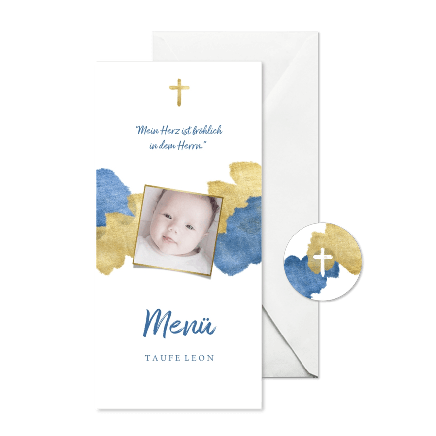 Menükarte zur Taufe Foto metallic blau - Karteneindruck