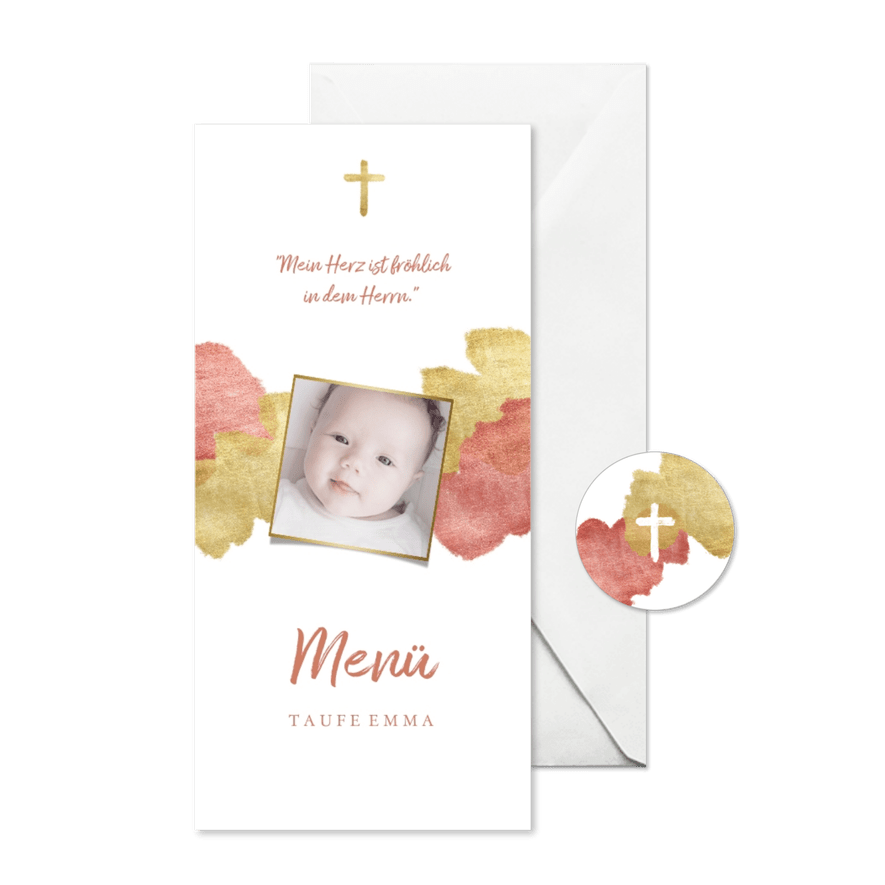 Menükarte zur Taufe Foto metallic rosé - Karteneindruck