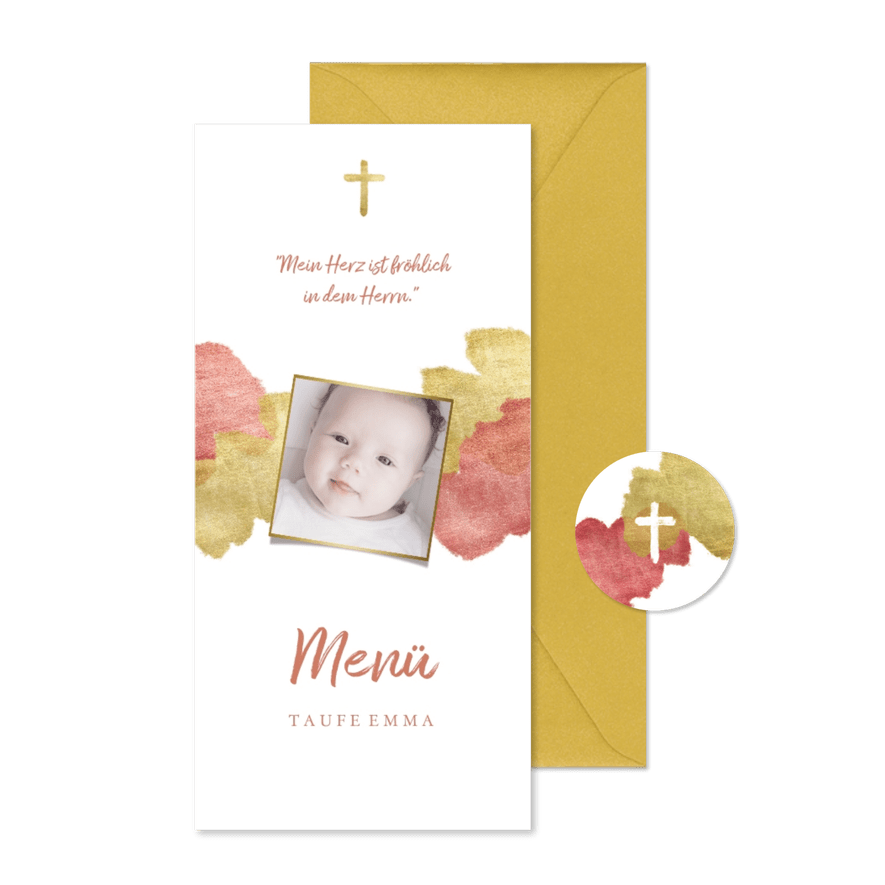 Menükarte zur Taufe Foto metallic rosé - Kartenvorschau
