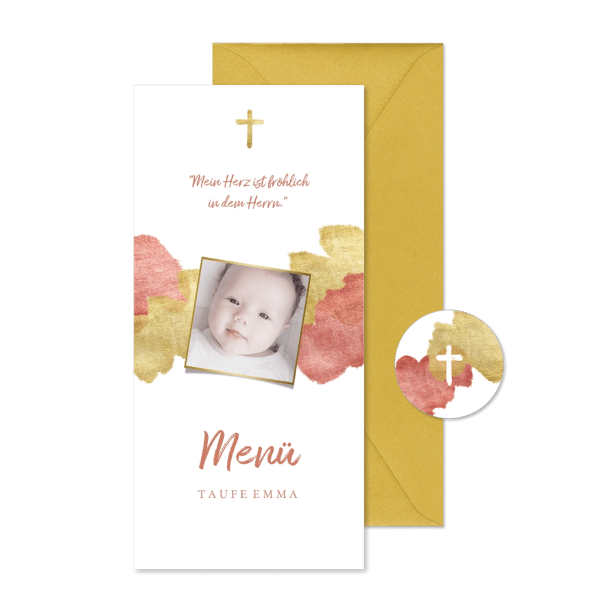 Menükarte zur Taufe Foto metallic rosé - Karteneindruck