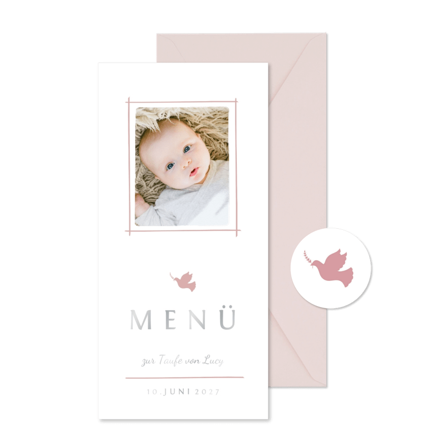 Menükarte zur Taufe Foto rosé Taube - Karteneindruck