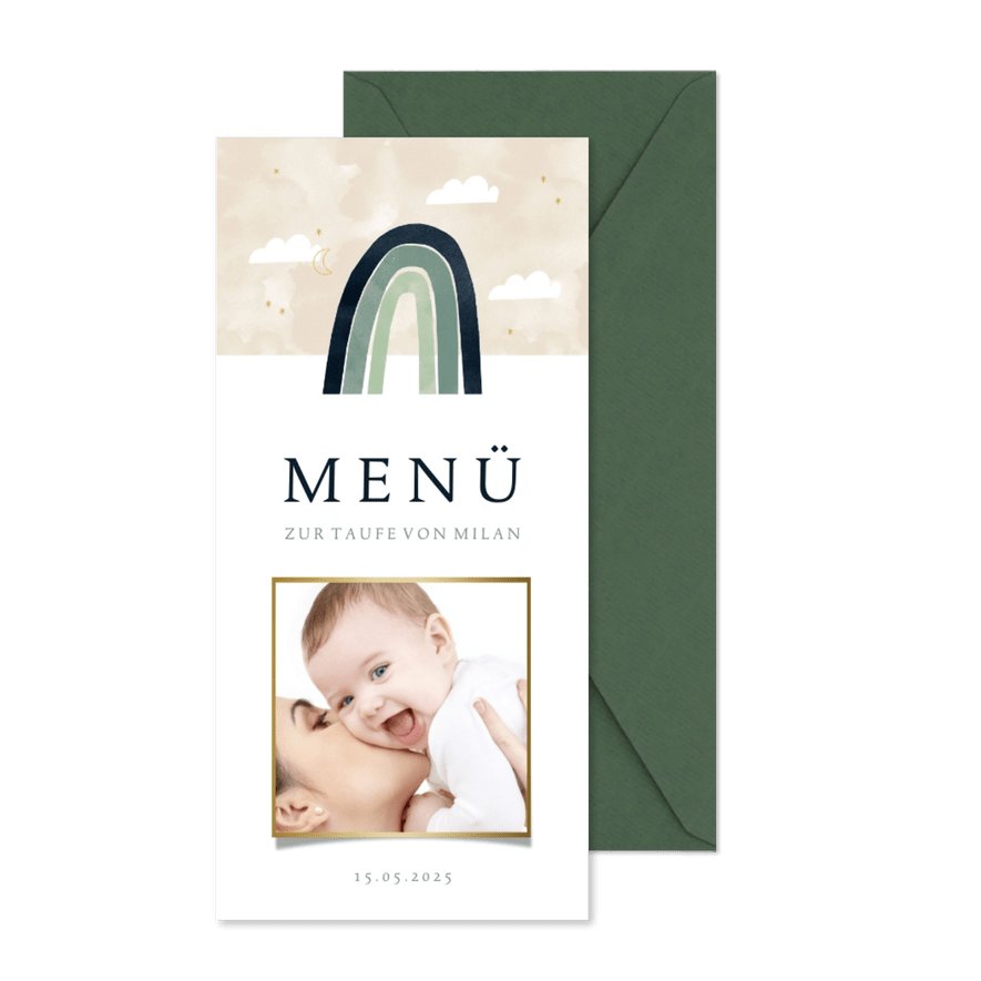 Menükarte zur Taufe Foto & Regenbogen grün - Karteneindruck
